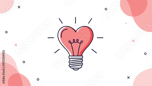 Creative light bulb in the shape of a pink heart with light rays on a decorative background with dots and shapes.