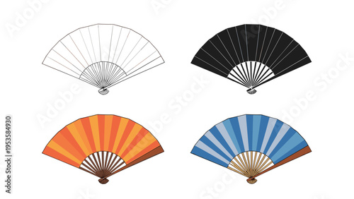 Collection of folding fans shown in four different graphical styles including outline black silhouette and colorful gradients.