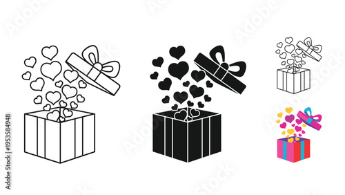 Open gift box with many small hearts floating out shown in outline solid black and colorful versions for design.