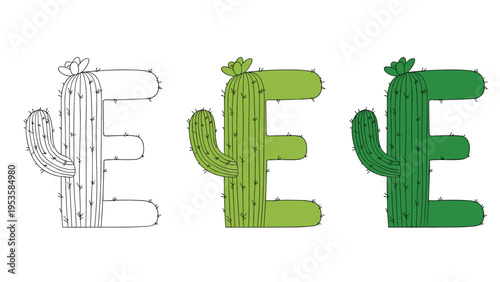Stylized letter E designed as a cactus plant shown in three styles from simple outline to full green coloring.