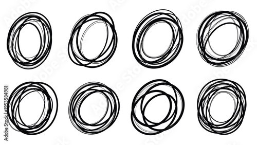 Set of eight hand drawn black oval shapes with a messy scribble texture for organic and artistic design elements.