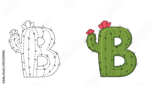 Stylized letter B designed as a green cactus with pink flowers shown in both line art outline and colored versions.