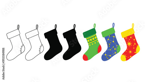 Christmas stockings shown in several artistic styles including line art solid black silhouette and colorful festive patterns.