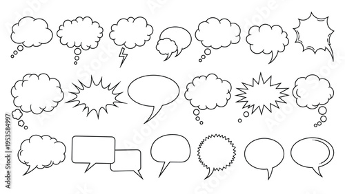Large collection of various speech and thought bubble shapes in black outline for comics and graphic design layouts.