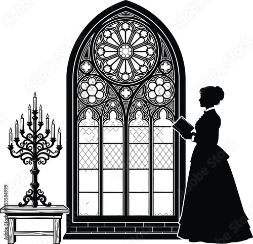 Silhouette of woman reading by stained glass window with candelabra book
