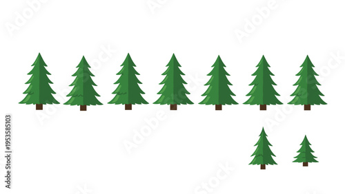 Set of simple green pine trees in various sizes represents a forest, nature, or winter themes for environmental and seasonal design projects.