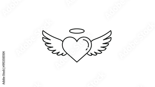 Heart with angel wings and a halo in simple black line art provides a clean and symbolic design for love and spiritual-themed projects.