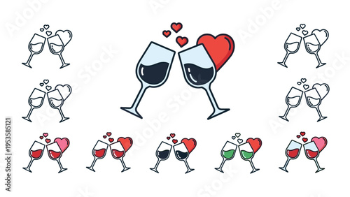 Clinking wine glasses with a red heart represent a celebration of love, romantic dates, weddings, or special anniversaries for couples.