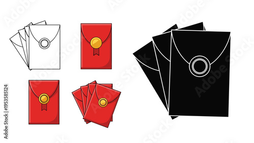 Red envelopes with gold seals in different arrangements represent traditional lunar new year gifts, luck, and prosperity in Asian cultures.