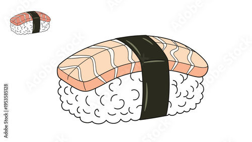 Salmon nigiri sushi illustration shown in large and small sizes provides a delicious and detailed food icon for Japanese cuisine-themed designs.