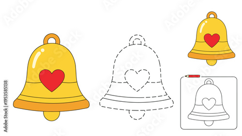 Bell with a heart icon is featured in a tracing and coloring worksheet designed for children to improve drawing skills and fine motor control.