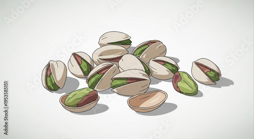 Pistachios pile with open and closed shells on white background