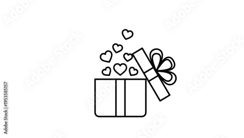 Outline drawing of an open gift box with hearts floating out as a symbol of love and appreciation.