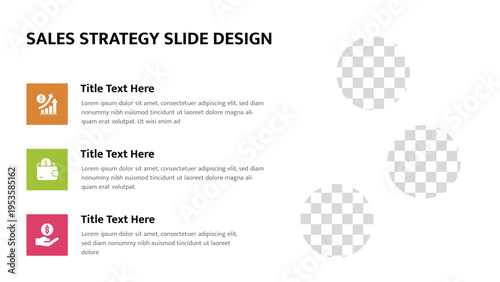 Business presentation slide showing sales strategy elements with icons and text areas