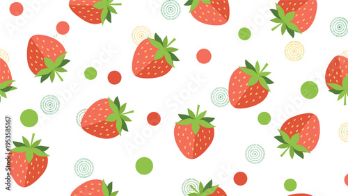 Seamless pattern featuring red strawberries and colorful dots on a clean white background for textile design.