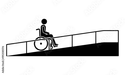 Minimalist Black and White Vector Icon of a Person in a Wheelchair on an Access Ramp