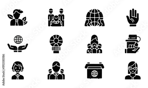 Set of 12 Business, Global, and Environmental Vector Icons. Modern Minimalist Solid Black Silhouettes.