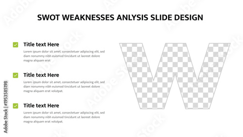 Business presentation slide showing weaknesses analysis with a W shaped graphic
