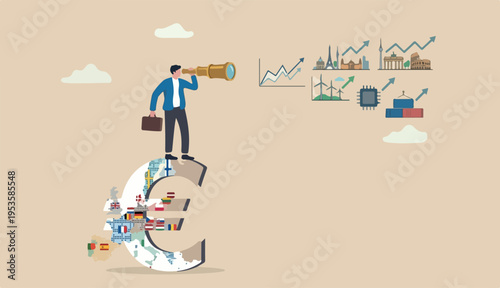 Europe financial visionary, economic forecast on European countries investment in stock market concept, businessman investor or standing Euro currency sign bank using telescope see market future.