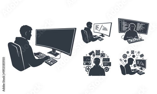 IT Professional and Programmer Working Silhouettes Vector Illustration Set