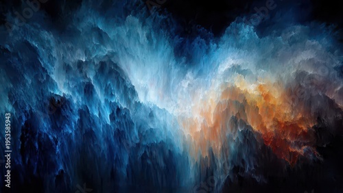 Cosmic Nebula Cloud Formation with Vibrant Blue and Fiery Orange Hues on a Dark Background, an Ethereal Abstract Deep Space Scene.