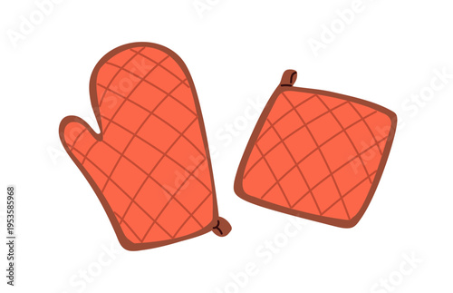 Potholders, oven glove, mitt and square pot holder. Bakers mitten for heat protection. Hot protective pads for kitchen, baking, cooking. Flat vector illustration isolated on white background