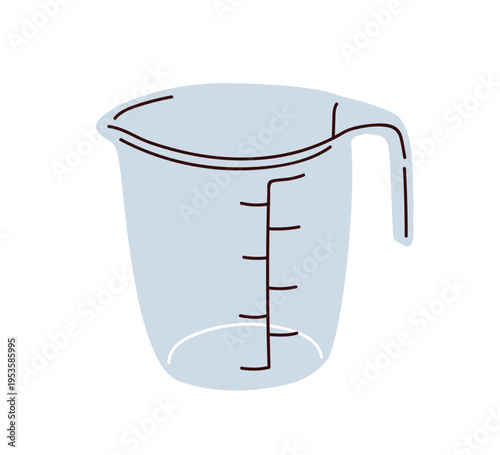 Measuring cup. Plastic jug with scale. Kitchen cooking container, liquid meas...
