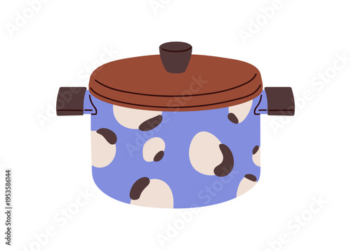 Cooking pot with lid, saucepan with pattern. Cook utensil, kitchen tool. Cass...