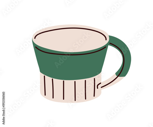 Empty cup, ceramic mug for hot drink, coffee and tea. Teacup, drinkware with handle. Kitchenware for beverage, tableware in modern style. Flat vector illustration isolated on white background