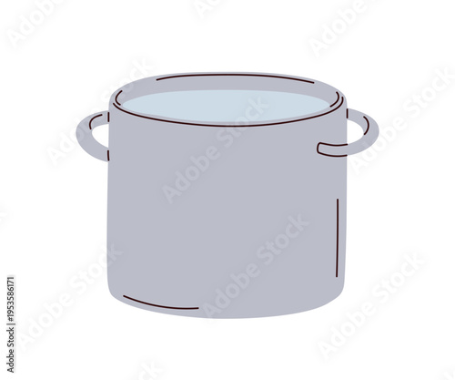 Cooking pot, open saucepan with water. Metal steel casserole, kitchen utensil, cookware. Kitchenware, large deep vessel for boiling. Flat vector illustration isolated on white background