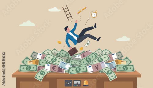 Insurance, reserve money or emergency fund on business failure, mistake or accident, compensation or money support and cushion concept, fail businessman falling huge big desk money banknotes safety