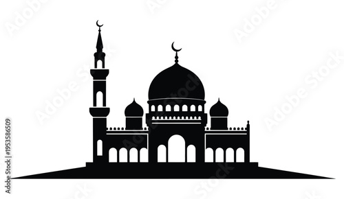 Silhouette of a grand mosque with minarets and a central dome against a plain background isolated on white background, Vector, illustration