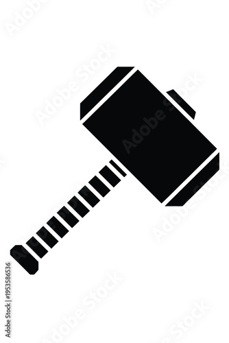 A stylized black and white depiction of the mythical mjolnir hammer from norse mythology isolated on white background, Vector, illustration