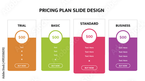 Pricing plan slide with four vertical service options, prices, and buttons