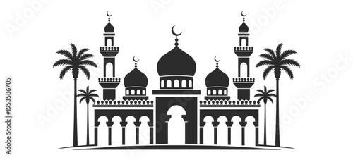 Elegant silhouette of a mosque with twin minarets and crescent moon isolated on white background, Vector, illustration