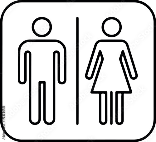 Black and white line art restroom icon showing male and female figures separated by vertical line in rounded square frame simple toilet sign illustration