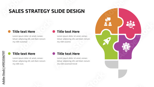 Sales strategy presentation slide with creative lightbulb infographic and textual descriptions