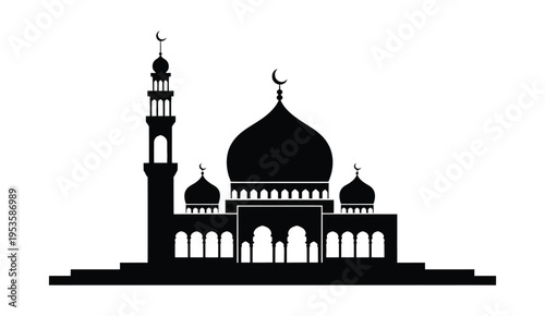 Silhouette of an iconic mosque with domes and minarets against a plain background isolated on white background, Vector, illustration