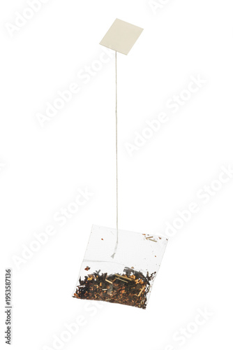 Filter tea bag with blank label, isolated on transparent background. PNG image.