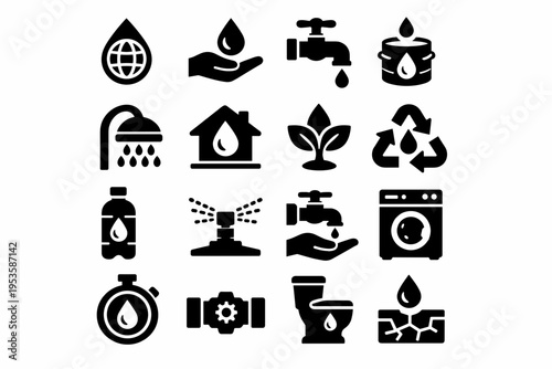 Water and sustainability icons set with recycling sanitation agriculture and eco system symbols collection