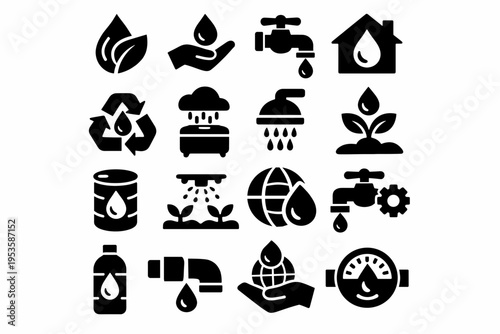Sustainability and water conservation icons set with recycling agriculture sanitation and environmental symbols collection