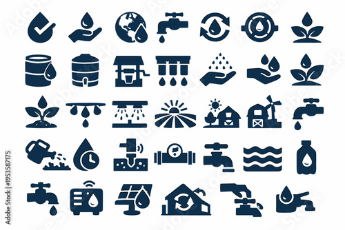 Sustainability and water ecosystem icons set with recycling agriculture sanitation and environmental symbols collection