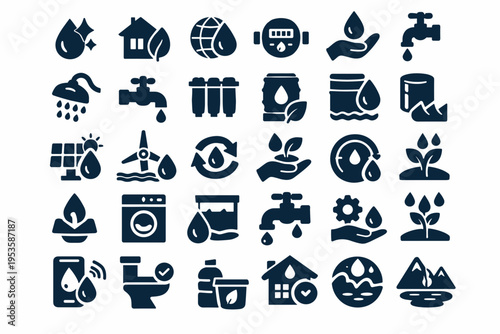 Water conservation icons set with eco system sanitation irrigation and sustainability symbols collection