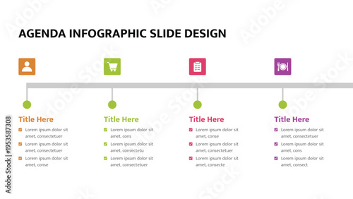 Agenda infographic showing four timeline steps with different icons