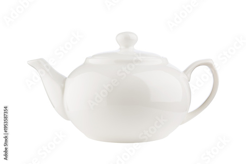 White ceramic teapot isolated on transparent background. PNG image.