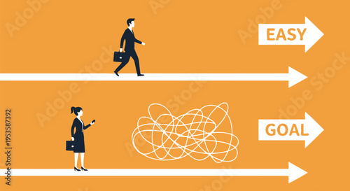 Business people choosing between easy and difficult paths