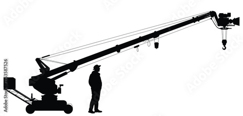 A large mobile crane with an extended arm and an operator standing nearby. isolated on white background, Vector, illustration