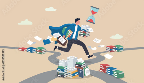 Handle busy work, manage workload complete multitasks deadline organize paperwork documents, effective productive concept, businessman superhero carry paperwork documents