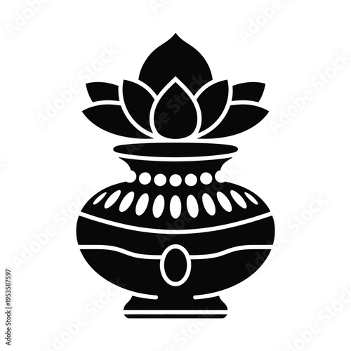 Traditional black and white lotus-topped ceremonial vessel with ornate designs isolated on white background, Vector, illustration