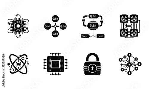 Set of Black Vector Icons: Quantum Computing, Processor, Data, and Security Concepts